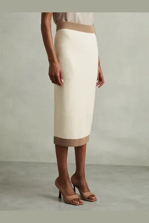 Reiss Nia Pencil Skirt Wool Knitted, Cream & camel Size: XS