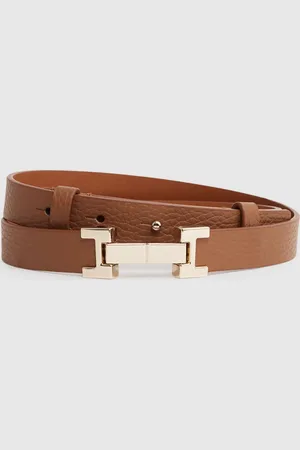 Reiss Hayley Ladies Tan Brown Leather Square Hinge Belt, Size: XS, Black & camel