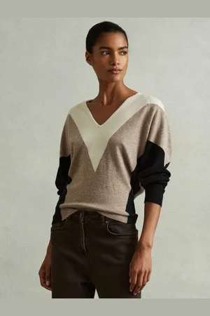 Reiss Esme Neutral & black Wool Blend Colourblock V-neck Jumper, XS, Brown & black