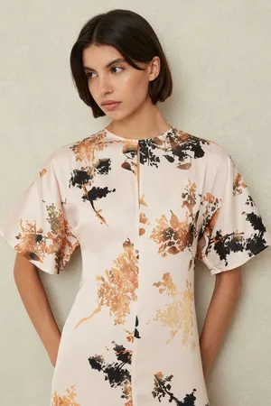 Reiss Chrissy Pale Pink Floral Print Midi Dress, 10, Pink & black