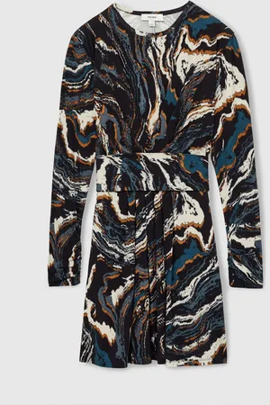 Reiss Black & blue Jersey Printed Tie-waist Mini Dress, M