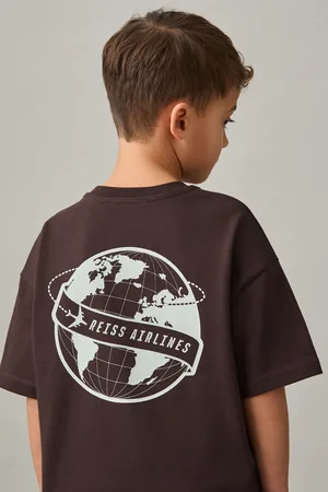 Reiss Chocolate Brown & off White 9-13 yrs Cotton Airlines-print Oversize T-shirt, Q04