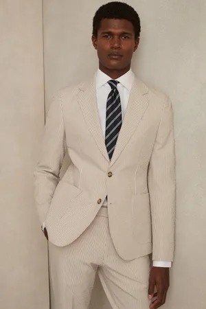 Reiss Oatmeal & white Seersucker Single-breasted Suit Blazer Slim-fit, 36R