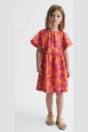 Reiss Jeanie Midi Dress Linen Printed, Orange & pink Size: 5-6Yrs