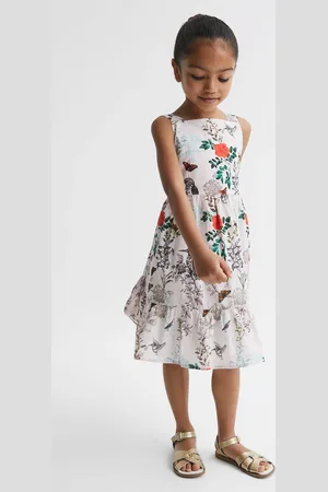 Reiss Marcie Strappy Dress Cotton Floral Print, White & green Size: 4-5Yrs
