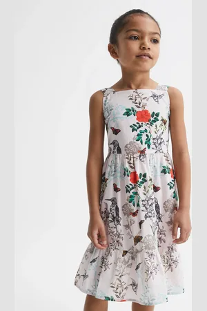 Reiss Marcie Strappy Dress Cotton Printed, Cream & green Size: 9