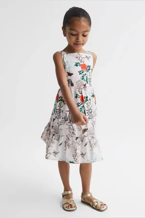 Reiss Marcie Strappy Dress Cotton Floral Print, White & green Size: 4-5Yrs