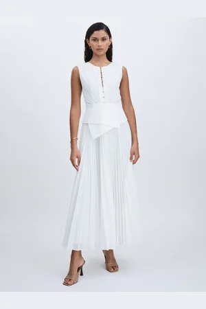 Acler Pleated Waist Panel Midi Dress, Camel & off White, 8