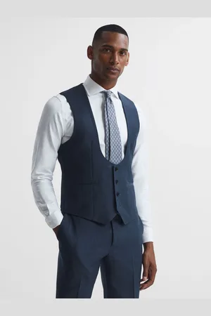 Reiss Hw - Mens Blue Wool Ease Sharkskin Horseshoe Waistcoat, Size: 40R