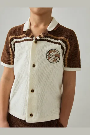Reiss Brown & taupe Brown & white Chenille Airlines Embroidery Shirt, Q03