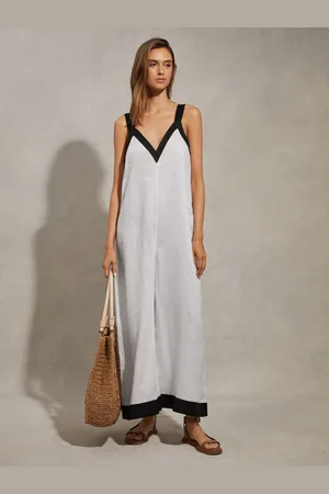 Reiss Aida Playsuit Linen Colourblock, White & navy Size: 6