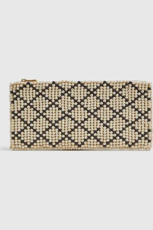 Reiss Etta Natural & black Wood-beaded Clutch Bag, 16x33x3cm, Beige & black
