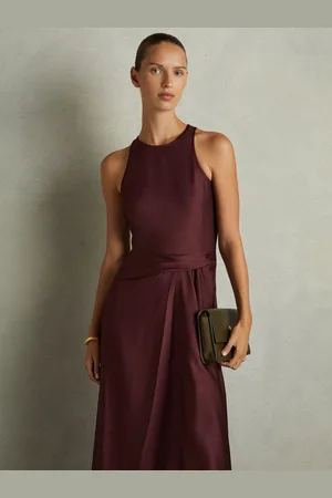 Reiss Petite Satin Drape Tuck Midi Dress, 14