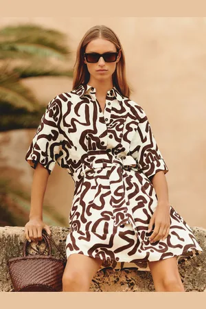 Reiss Brown & Linen Blend Printed Shirt Dress, 4