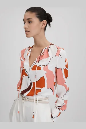 Reiss Cream & red Printed Tie Neck Blouse, 4