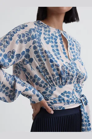 Reiss Pink & blue Cropped Printed Belted Blouse, 14
