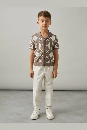 Reiss Mink Brown & off White Geometric Embroidery Knit Shirt, Q03