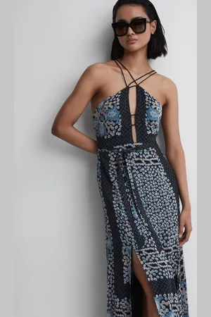 Reiss Aliavy & blue Floral Print Fitted Midi Dress, 14