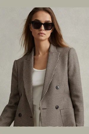 Reiss Black & camel Petite Wool Blend Double Breasted Dogtooth Blazer, 6