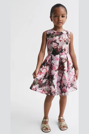 Reiss Emily Scuba Dress Floral Print, Pink & black & green Size: 5-6yrs
