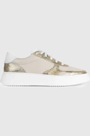 Unseen Footwear Leather Trainers, White & gold, 3