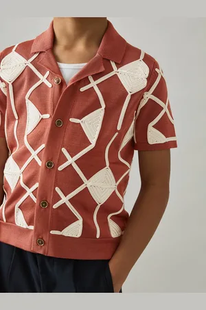 Reiss Paprika Red & off White Geometric Embroidery Knit Shirt, Q03