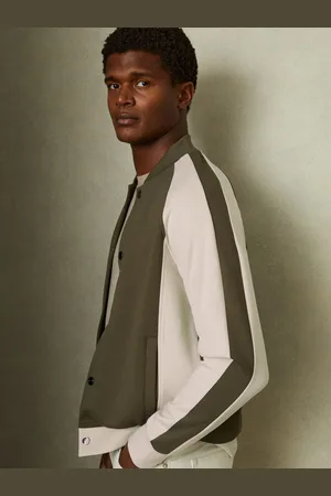 Reiss Sage Green & off White Colourblock Jersey Varsity Jacket, XL