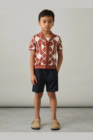 Reiss Paprika Red & off White Geometric Embroidery Knit Shirt, Q04