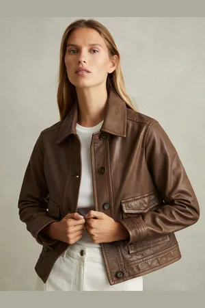 Reiss Leather Trucker Jacket, 18