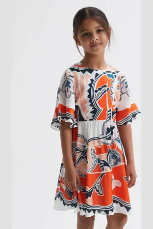Reiss April Floaty Dress Printed, Orange & navy Size: 4