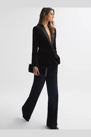Reiss Opal Black Velvet Single Breasted Blazer, 12, Camel & white