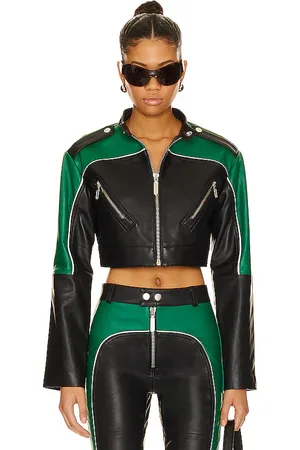 Camila Coelho Cropped Moto Biker Leather Jacket in Green,Black. Size XXS.