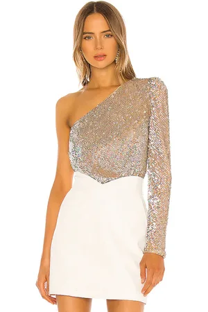 Camila Coelho Kasia Embellished Bodysuit in Tan,Metallic Silver. Size M, XL, XS.