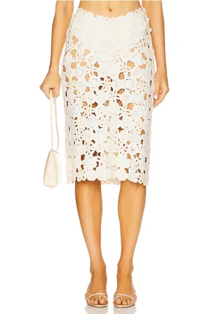 For Love & Lemons Floral Crochet Coverup Midi Skirt in Cream,Ivory. Size M, S.