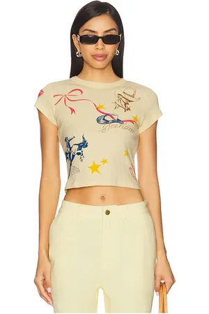 DAYDREAMER Western Flash Pointelle Tee in Cream,Lemon. Size M, S, XL, XS.