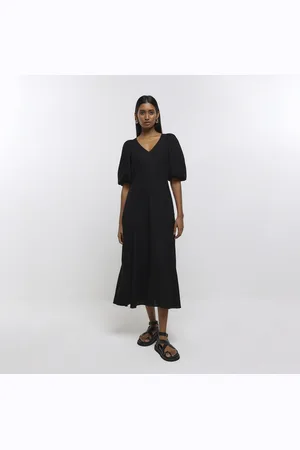 River Island Womens Puff Sleeve Smock Midi Dress With Linen