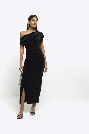 River Island Womens Velvet Asymmetric Bodycon Midi Dress