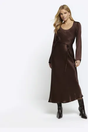 River Island Womens Satin Belted Slip Midi Dress