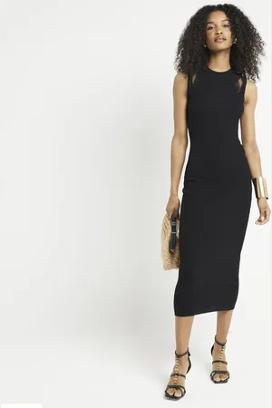 River Island Womens Ribbed Embroidered Bodycon Midi Dress