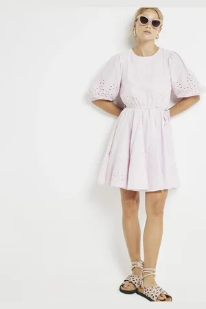 River Island Womens Broderie Puff Sleeve Skater Mini Dress