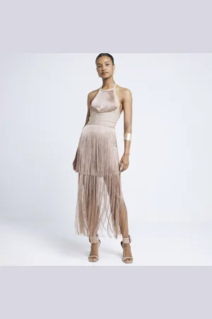River Island Womens Fringe Halter Neck Bodycon Midi Dress