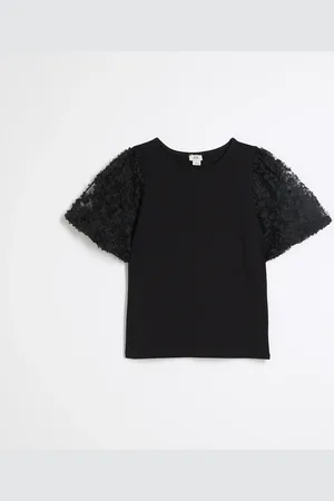 River Island Girls Floral Mesh Sleeve T-Shirt