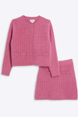 River Island Girls Fluffy Cardigan And Skirt Set