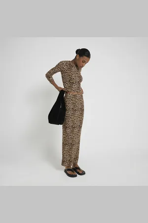 River Island Womens Leopard Pencil Ribbed Maxi Skirt