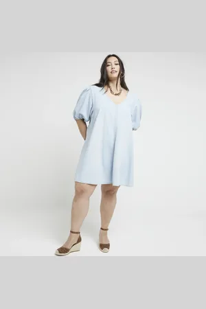 River Island Womens Plus Denim Puff Sleeve Shift Mini Dress