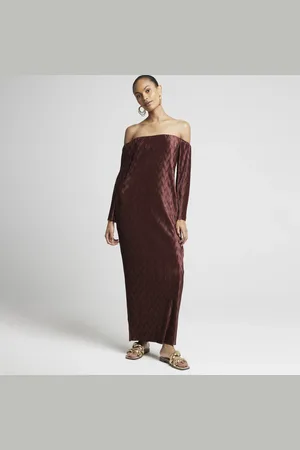 River Island Womens Plisse Wave Bardot Bodycon Maxi Dress