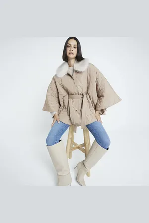 River Island Womens Quilted Faux Fur Collar Cape Jacket