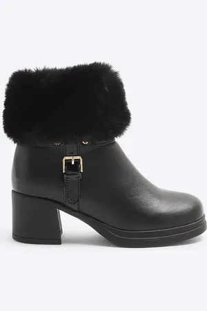 River Island Girls Faux Fur Trim Buckle Heeled Boots