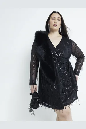 River Island Womens Plus Sequin Fringe Wrap Mini Dress