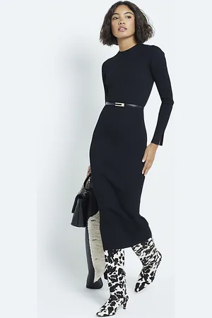 River Island Womens Long Sleeve Belted Midi Jumper Dress